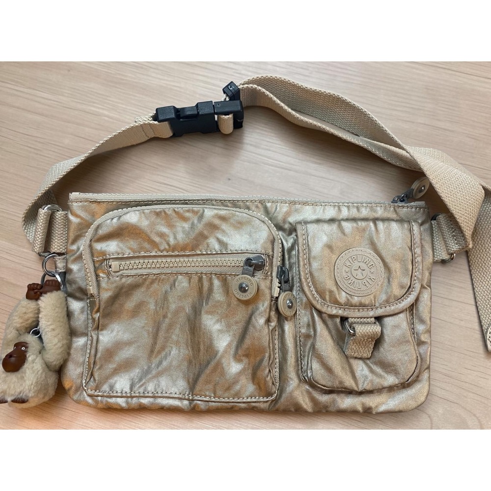 Kipling Presto Metallic Silver Nylon Waist Bag Cross Body & Monkey Keychain